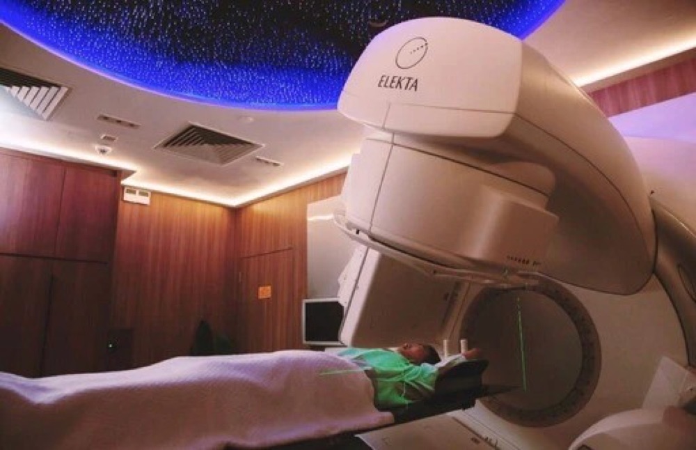 Patient positioned on the treatment couch during radiosurgery